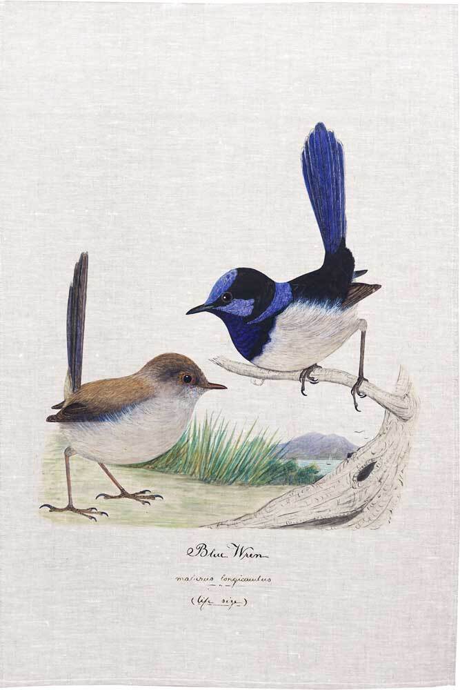 'Blue Wren' Linen Tea Towel