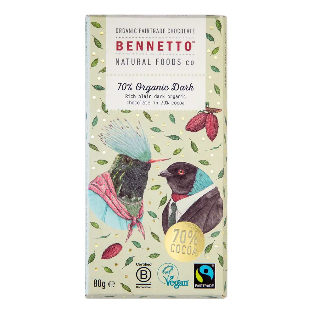 Bennetto Natural Foods 70% Organic Dark Chocolate 80g