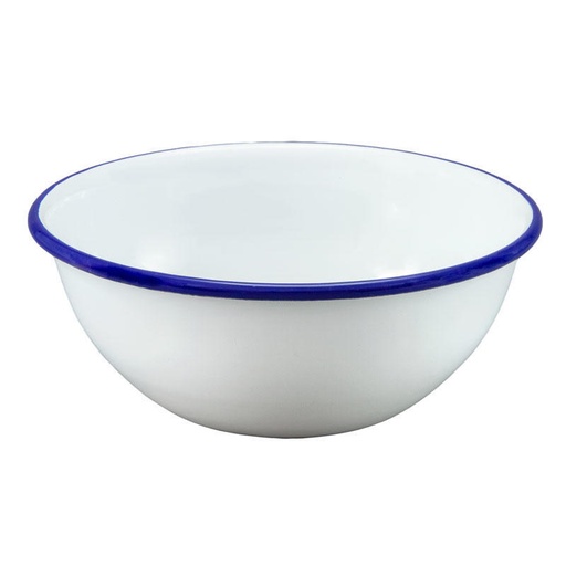[3706] Enamel Cereal Bowl - White & Blue 14cm